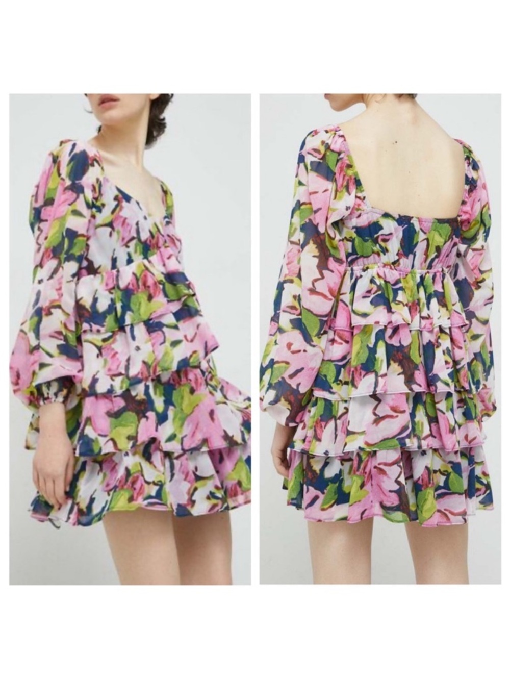Abercrombie & Fitch Floral Print Tiered Mini Dress Long Sleeve Size XL Tall NWT - Picture 2 of 15